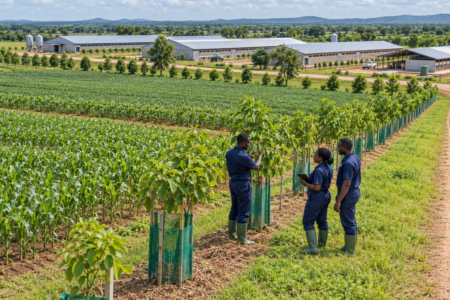 Managed tree strips alongside broad crop fields at a modern West African farming operation. AI-generated illustration — not a photograph of Royal Baobab Farms.