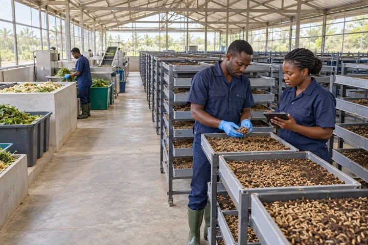 Technicians inspecting larval-rearing trays in a modern controlled black soldier fly production facility in Ghana. AI-generated illustration — not a photograph of Royal Baobab Farms.