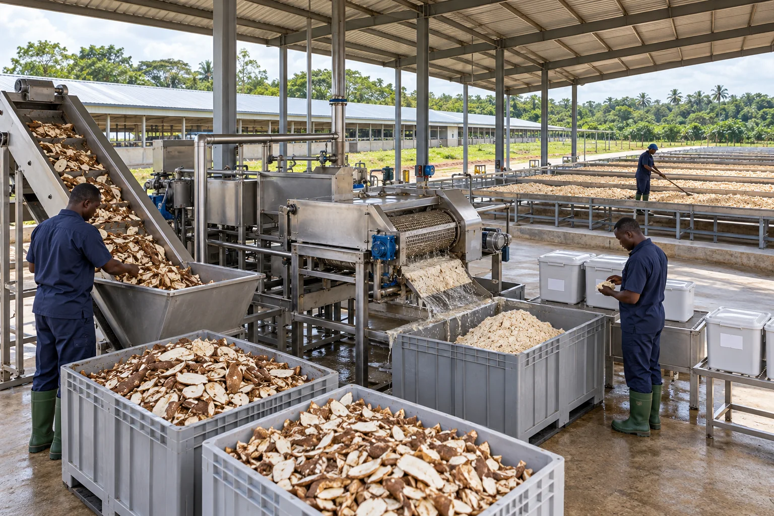 A professional cassava-byproduct processing unit with clean machinery and protected drying trays in Ghana. AI-generated illustration — not a photograph of Royal Baobab Farms.