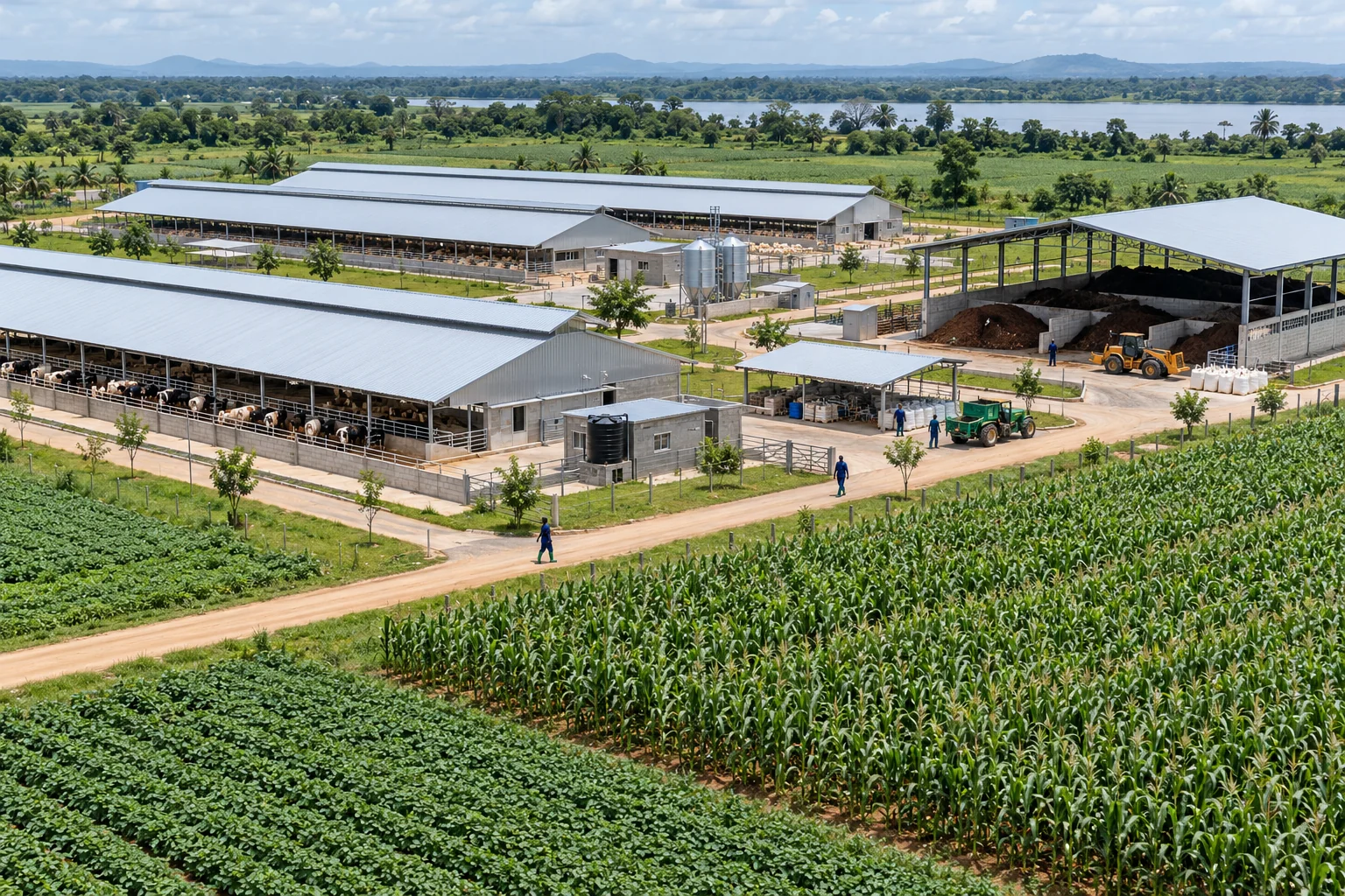 An aerial view of coordinated livestock buildings, compost handling and crop fields. AI-generated illustration — not a photograph of Royal Baobab Farms.