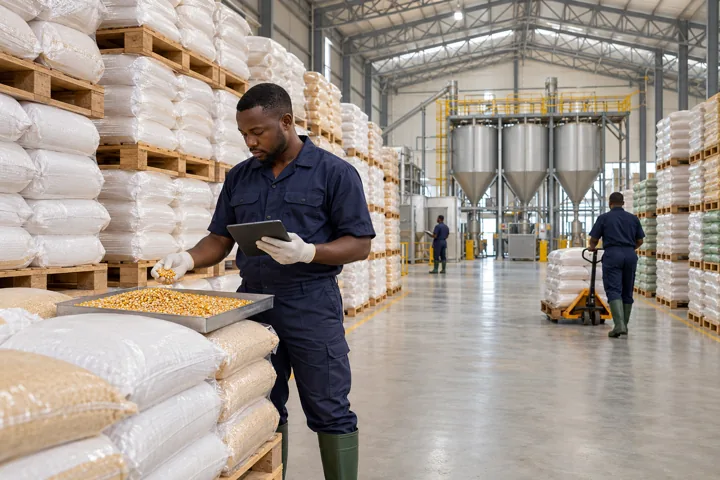 A quality-control worker checking maize in a large, organised feed warehouse. AI-generated illustration — not a photograph of Royal Baobab Farms.