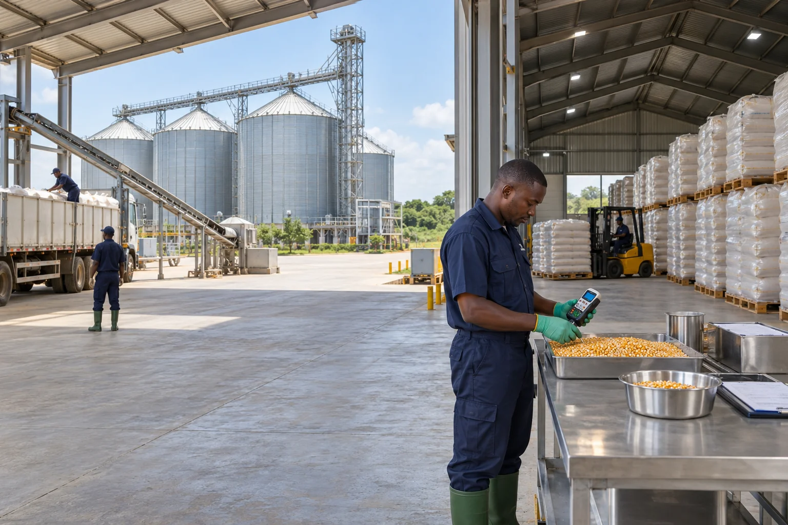 A technician checking a grain sample with a moisture meter at a commercial grain store. AI-generated illustration — not a photograph of Royal Baobab Farms.