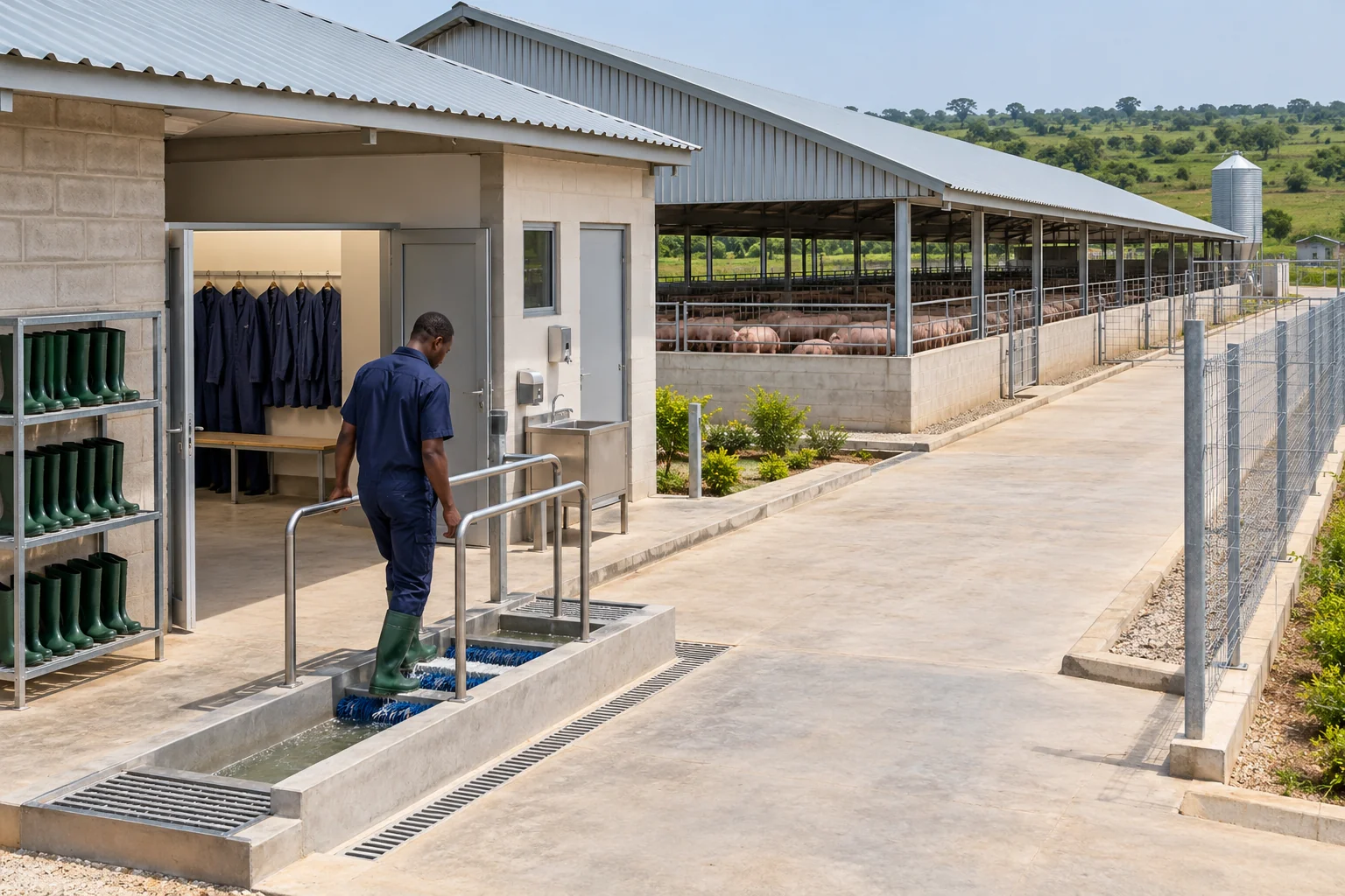 A managed biosecurity entrance with changing facilities and dedicated boots beside a commercial pig barn. AI-generated illustration — not a photograph of Royal Baobab Farms.