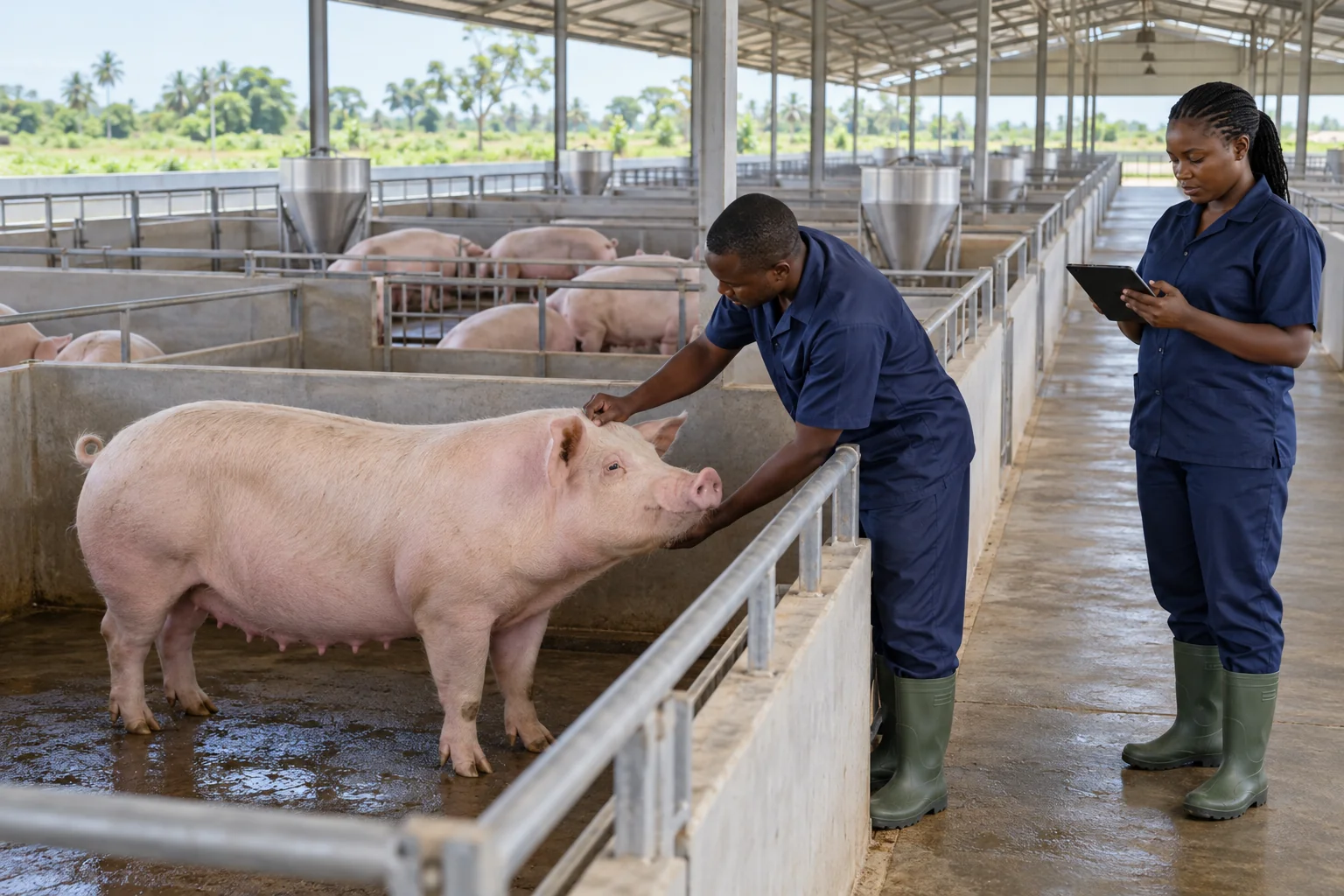 Ghanaian farm staff recording observations of a breeding sow in an airy commercial pig unit. AI-generated illustration — not a photograph of Royal Baobab Farms.