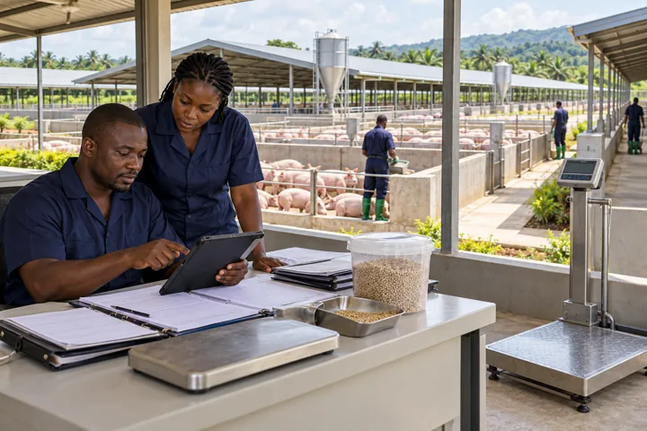 Ghanaian farm managers reviewing production records beside substantial commercial pig buildings. AI-generated illustration — not a photograph of Royal Baobab Farms.