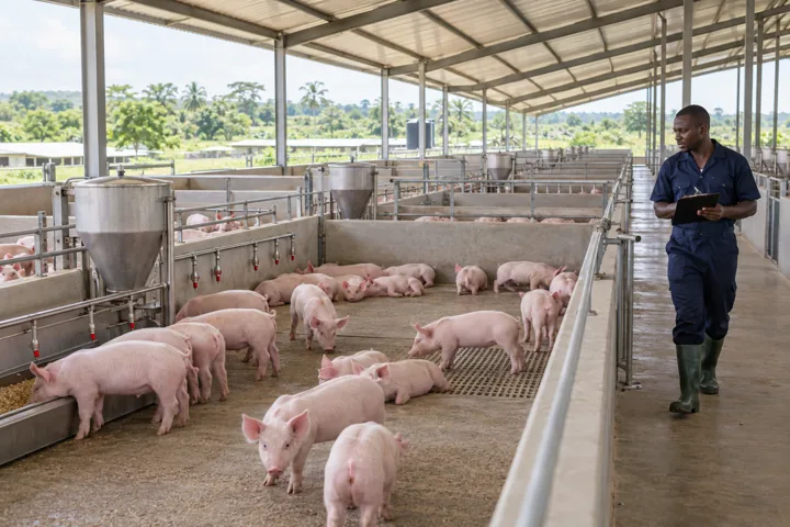 A stockperson observing healthy piglets in a spacious modern Ghanaian commercial nursery. AI-generated illustration — not a photograph of Royal Baobab Farms.