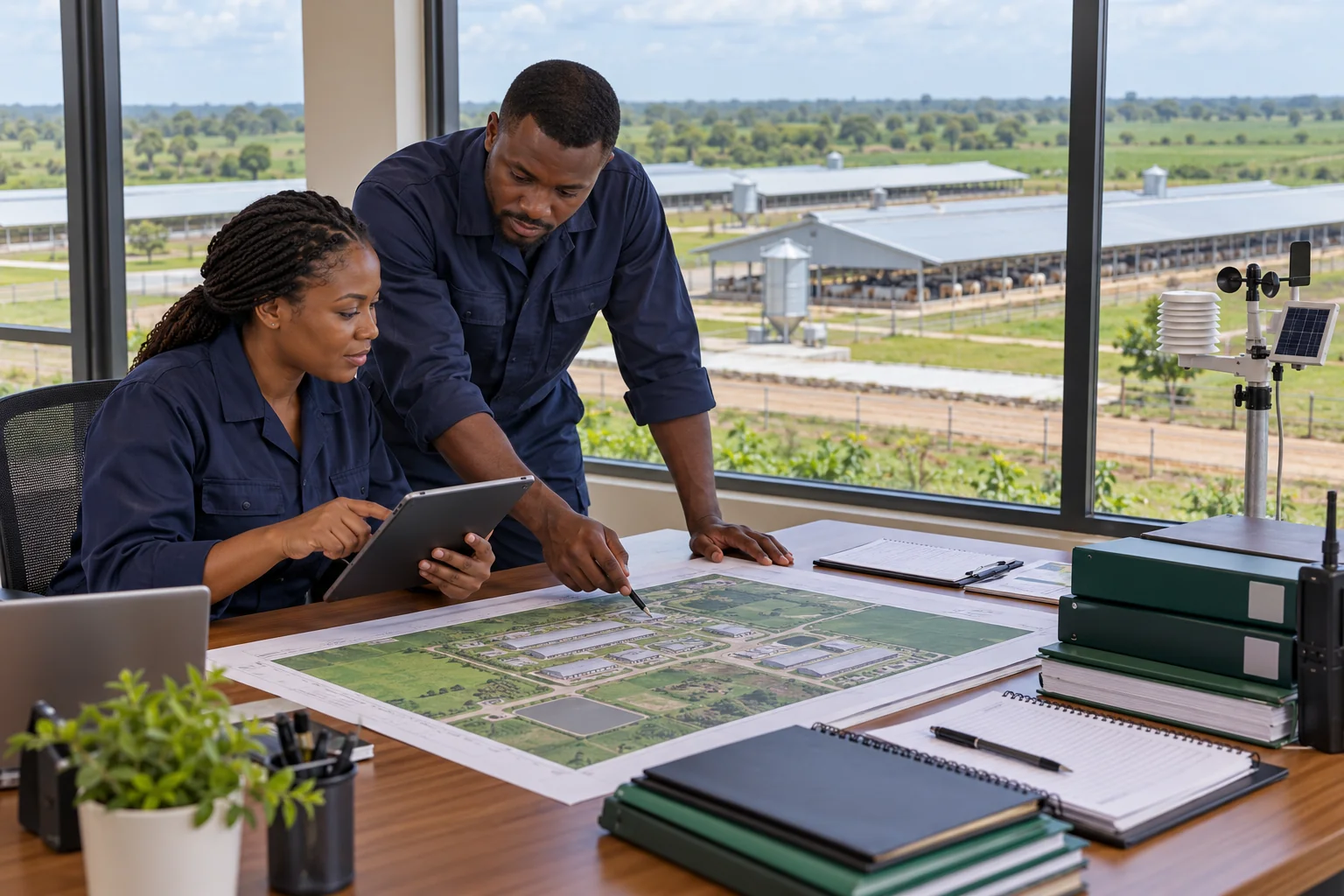 A professional farm management team reviewing plans overlooking modern livestock buildings. AI-generated illustration — not a photograph of Royal Baobab Farms.