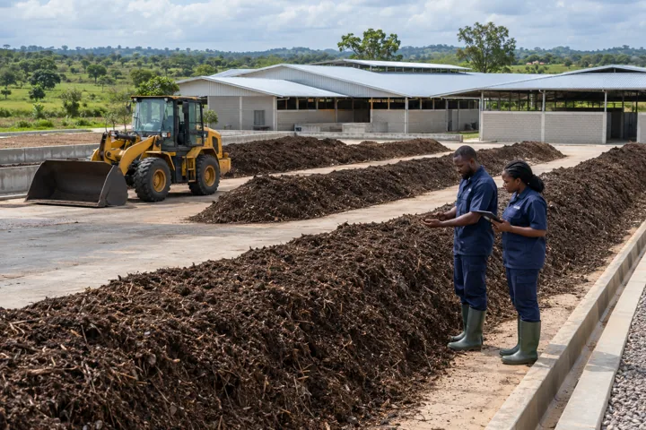 Professional farm staff inspecting compost windrows beside a loader and large modern livestock buildings. AI-generated illustration — not a photograph of Royal Baobab Farms.