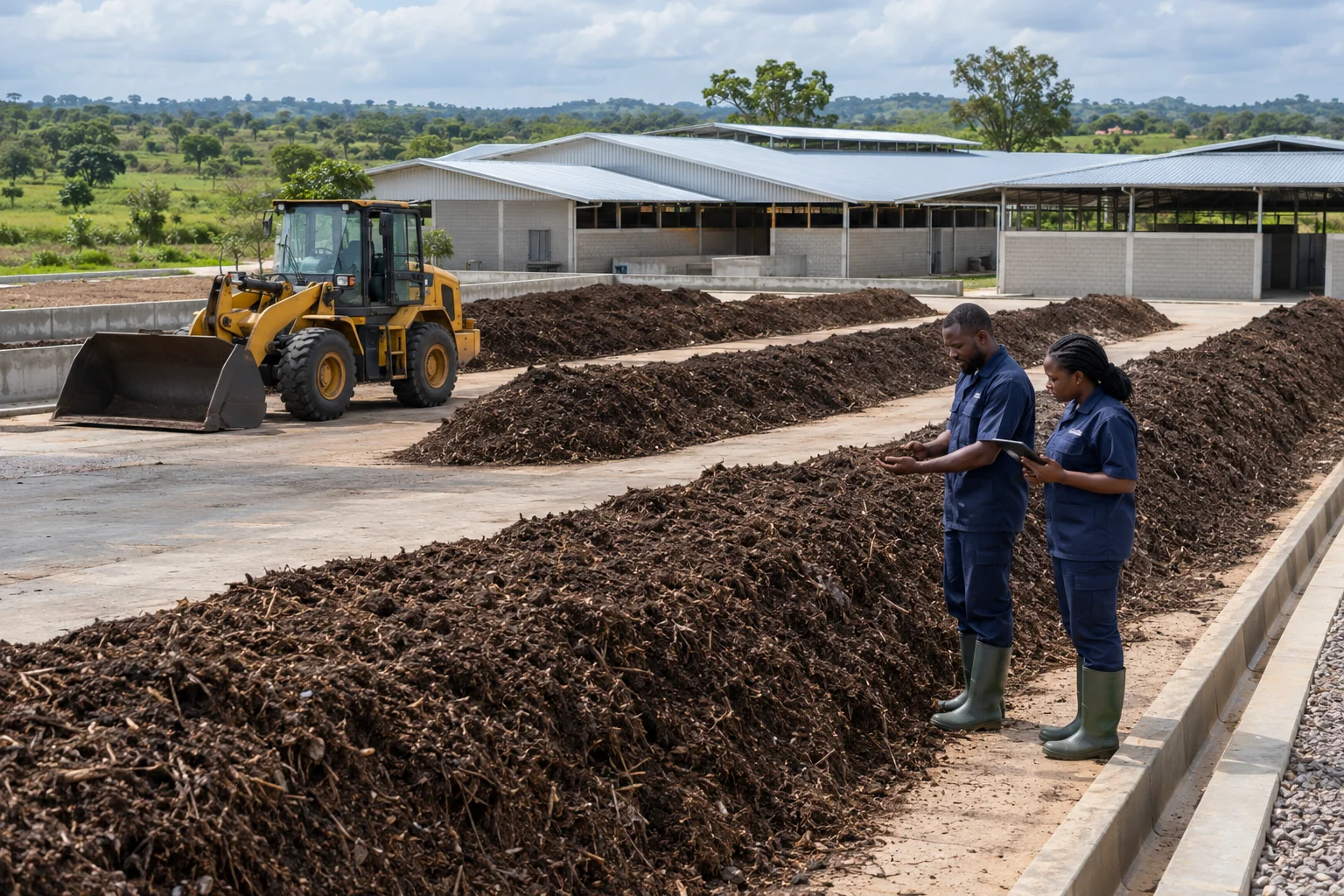 Professional farm staff inspecting compost windrows beside a loader and large modern livestock buildings. AI-generated illustration — not a photograph of Royal Baobab Farms.