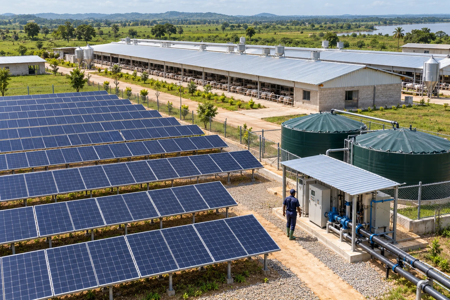 A substantial solar array and water-storage installation beside modern commercial farm buildings. AI-generated illustration — not a photograph of Royal Baobab Farms.