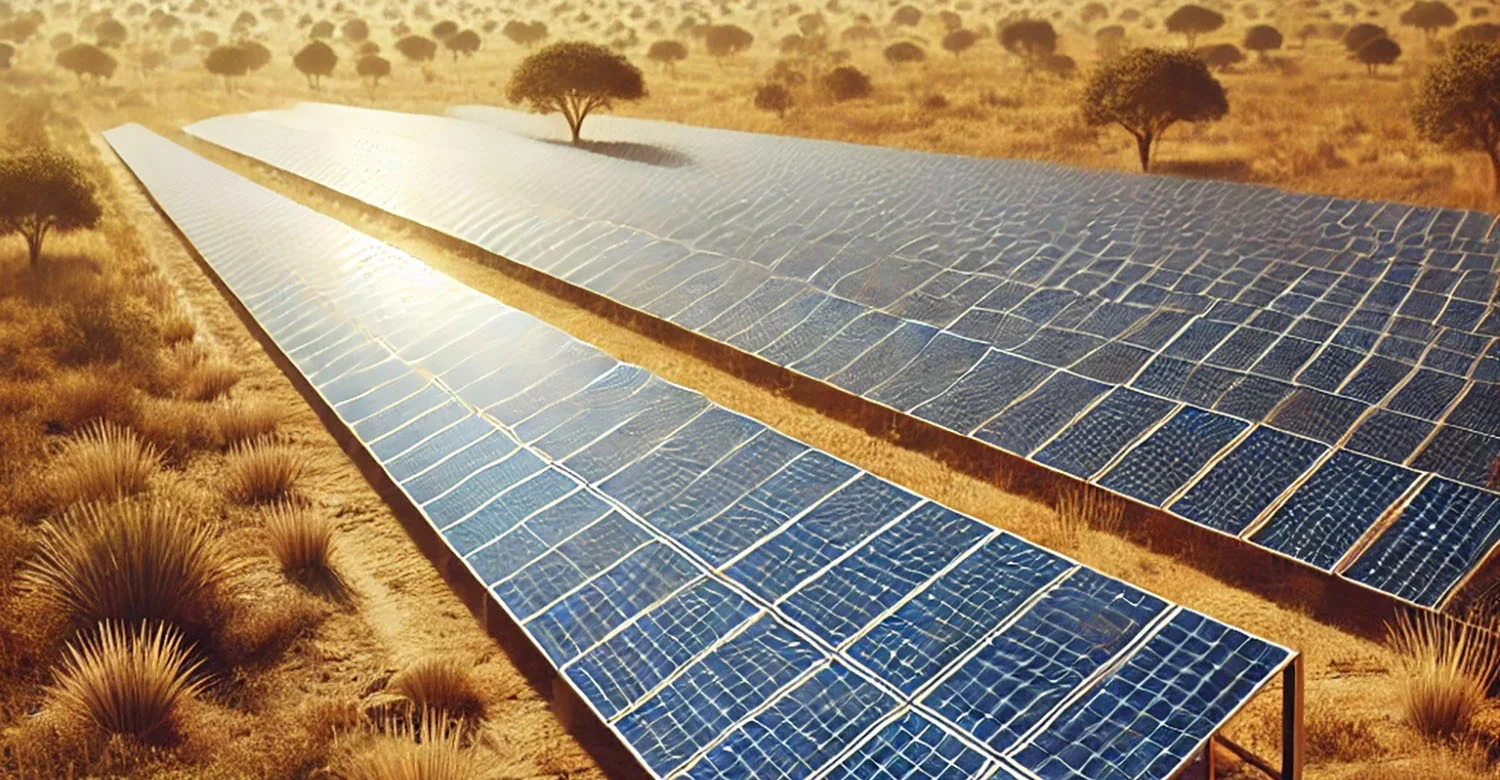 Illustration of solar panels in a sunlit landscape